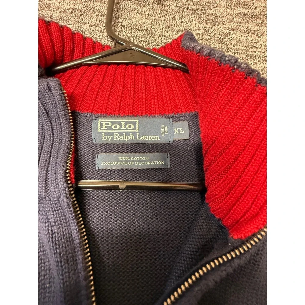 Polo Ralph Lauren Mens XL Navy Blue Red Stripe Quarter Zip Cotton Sweater Logo